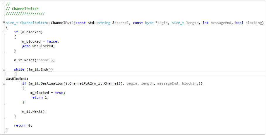 C++ colorization Screenshot showing code colorization in the editor. Keywords are shown in different colors such as blue for if, while and green for comments