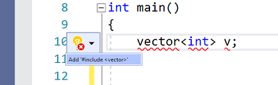 C++ Quick Fix Screenshot of an error and the proposed quick fix to # include vector.