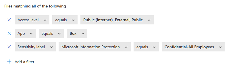 Screenshot of file policy filters for confidential data externally shared on Box.