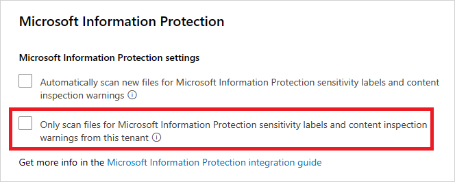 Screenshot of the option to scan only for internal sensitivity labels and ignore external labels.
