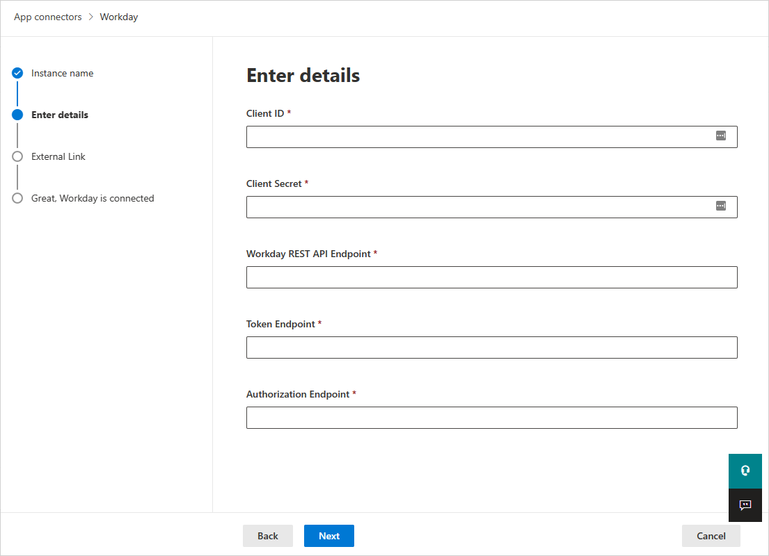 Screenshot of the Workday connector Enter details page with Client ID, Client Secret, and endpoint fields.