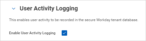 Screenshot of the Workday tenant setup page with the Enable User Activity Logging option selected.