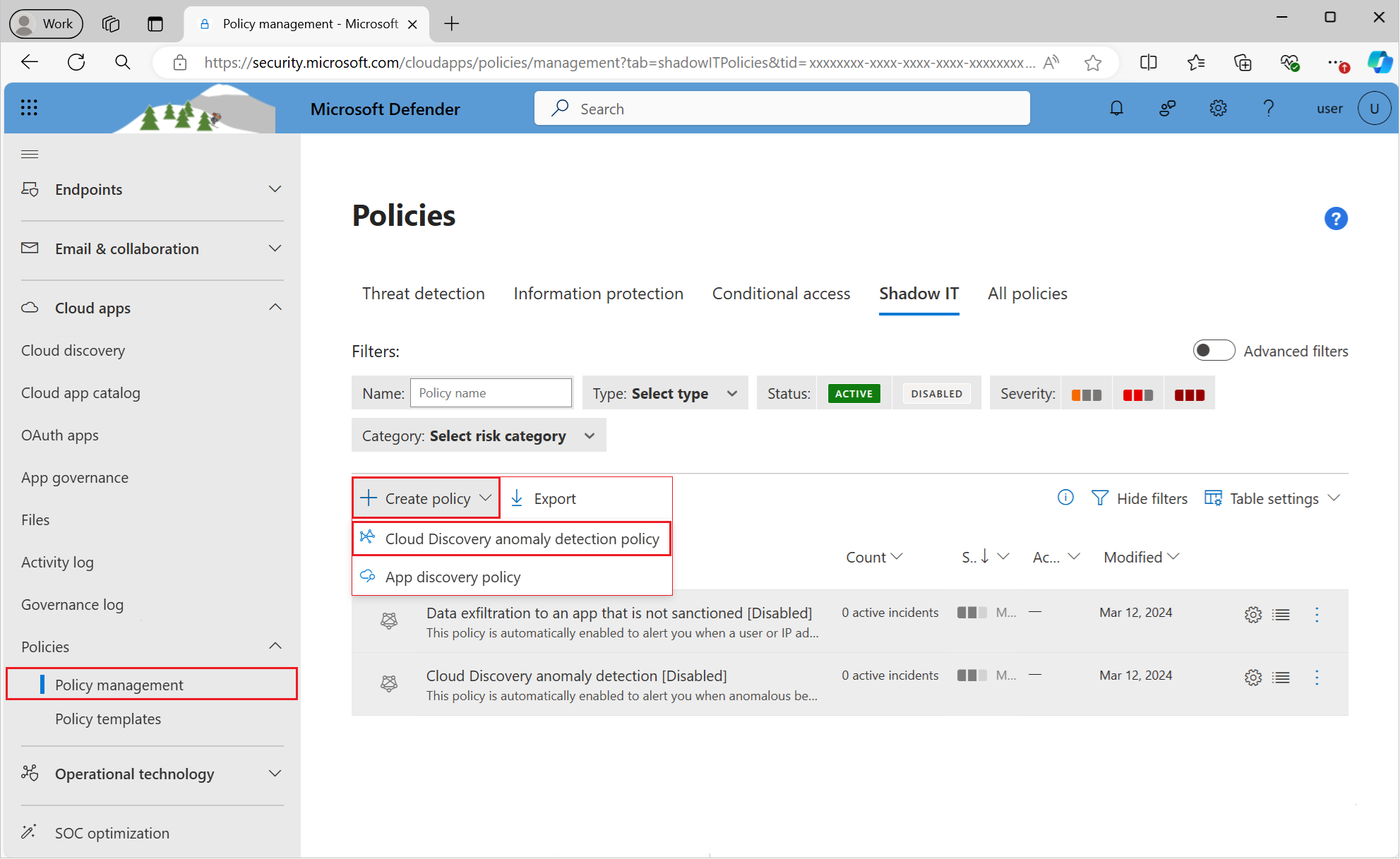 Screenshot of the Shadow IT tab showing the Create policy menu with the App discovery policy option.