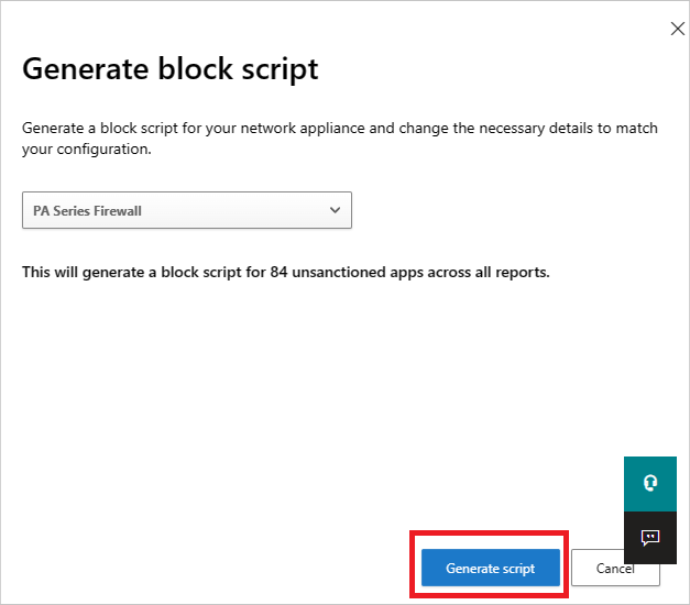 Screenshot of the Generate script button used to create a block script for all unsanctioned apps.