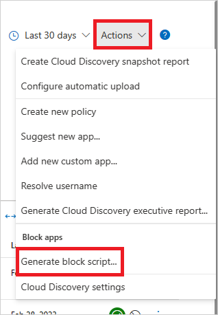 Screenshot of the Generate block script option in the Actions menu of Microsoft Defender for Cloud Apps.