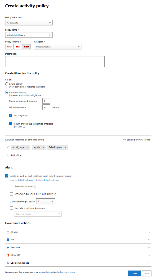 Screenshot of a policy configured to detect multiple failed sign-in attempts within a set time period.