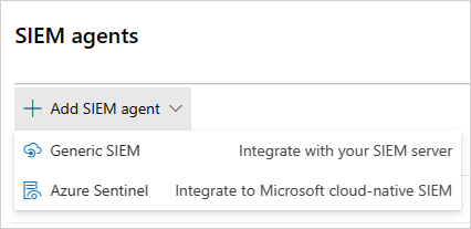 Screenshot of the SIEM agents page in Defender for Cloud Apps showing the Add SIEM agent option with Sentinel selected.