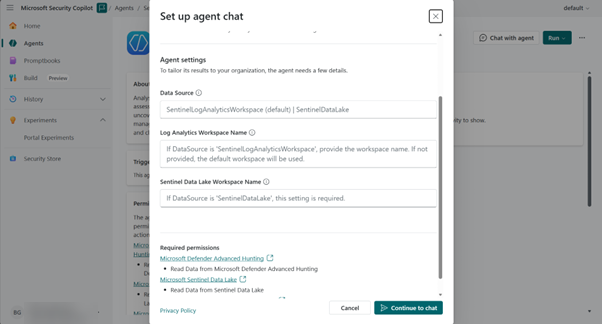 Image of Security Analyst Agent - Set up agent chat