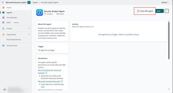Image of Security Analyst Agent - chat with agent button