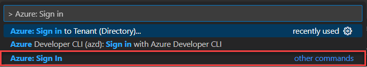 Screenshot showing how to sign in to Azure in Visual Studio Code.