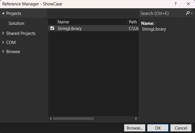 Reference Manager dialog with StringLibrary selected