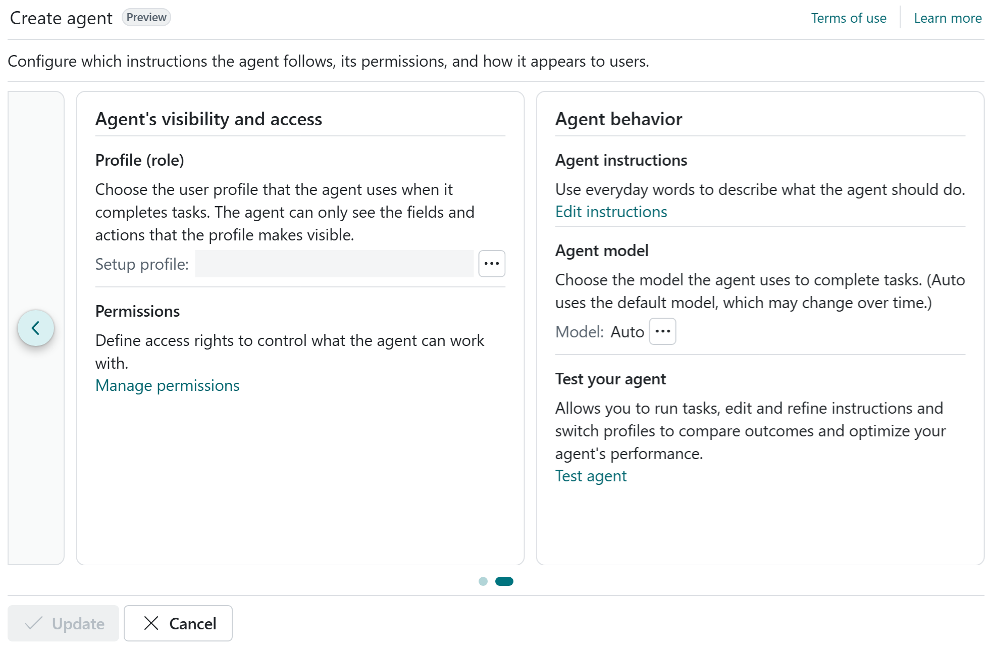 Agent card showing the Agent model section with the Model field set to Auto.