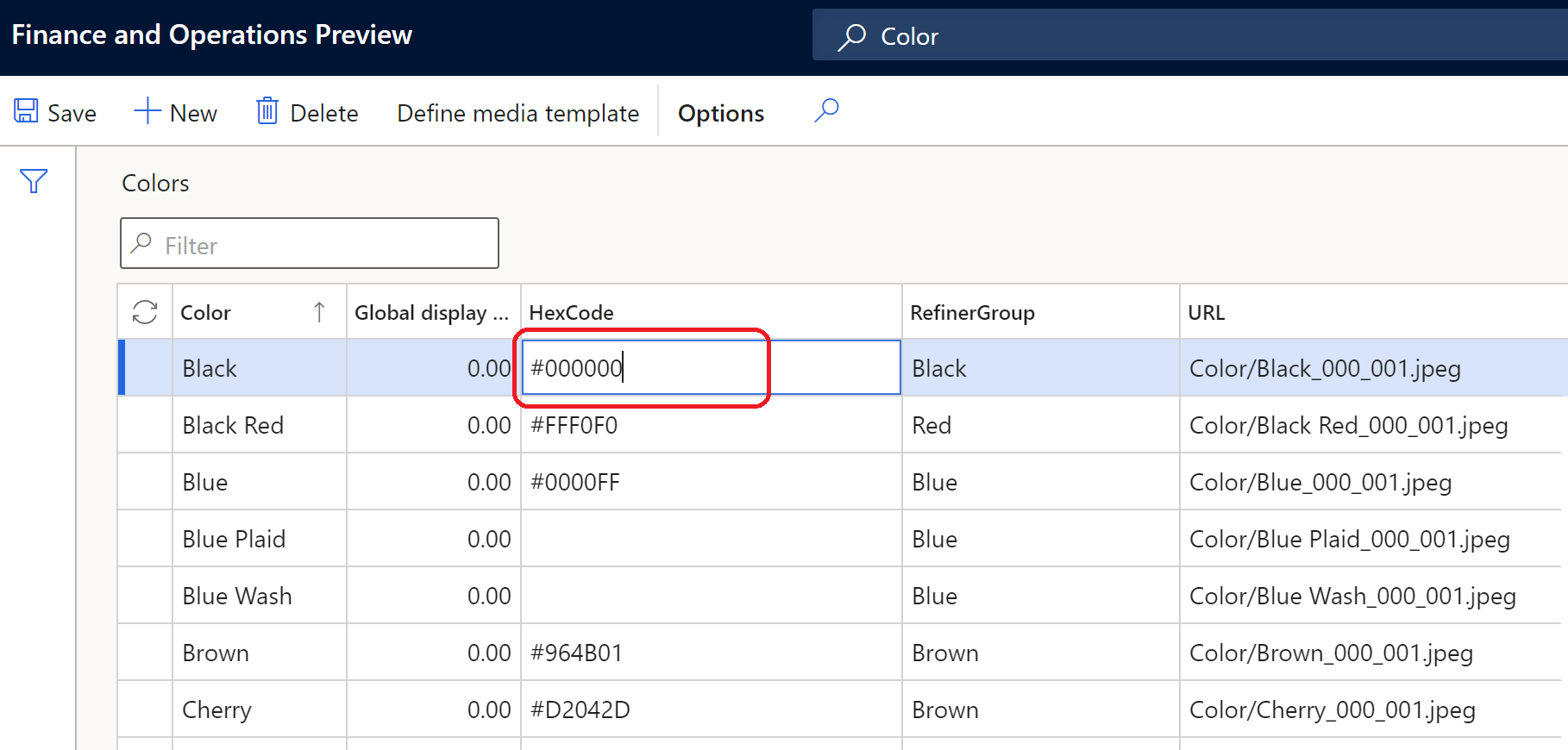 Screenshot of dimension configuration that uses hex code values.