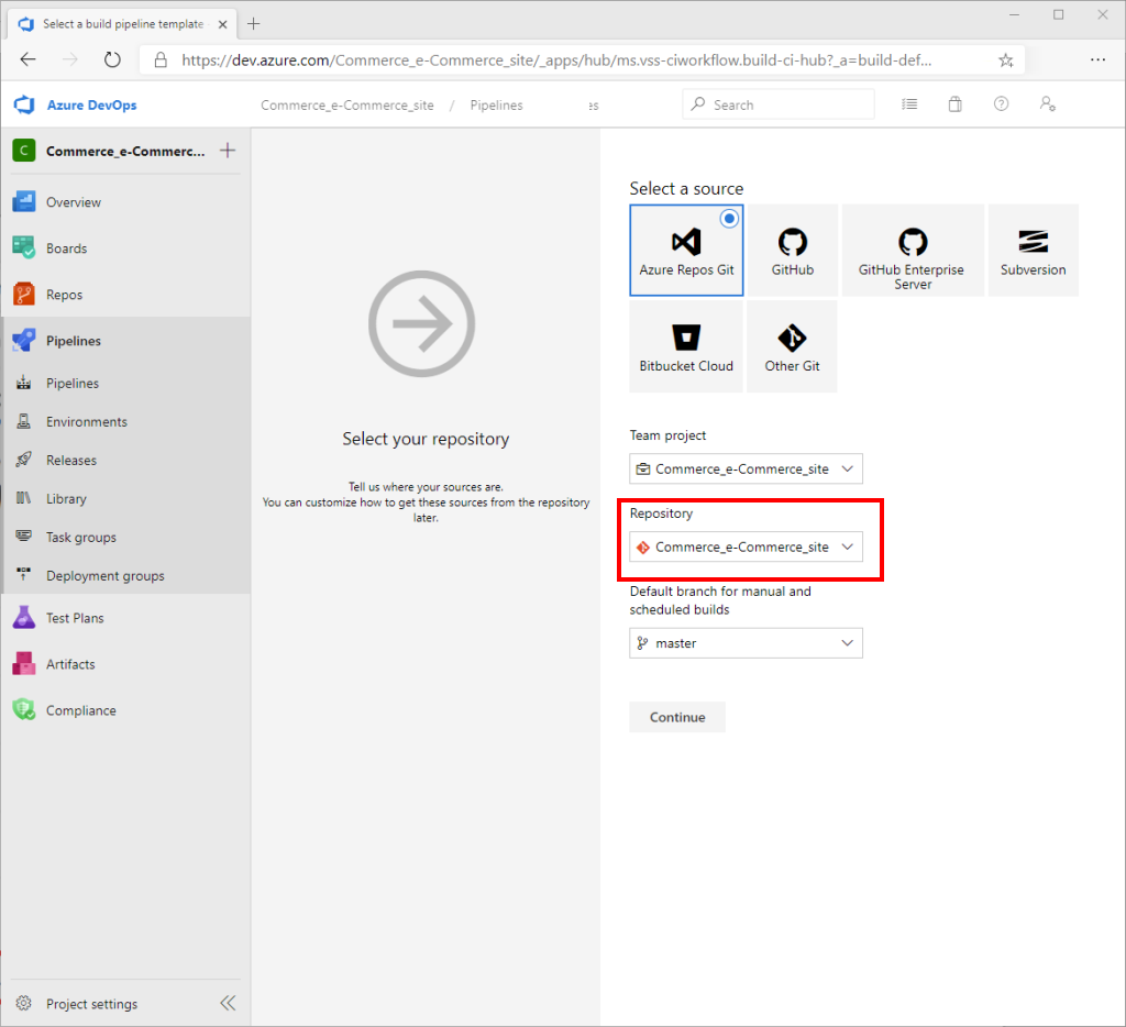 Screenshot of Azure DevOps Select your repository page with the Repository field highlighted.