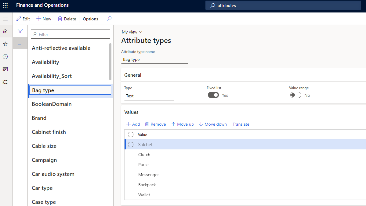 Screenshot of the Attribute types page in Commerce headquarters.