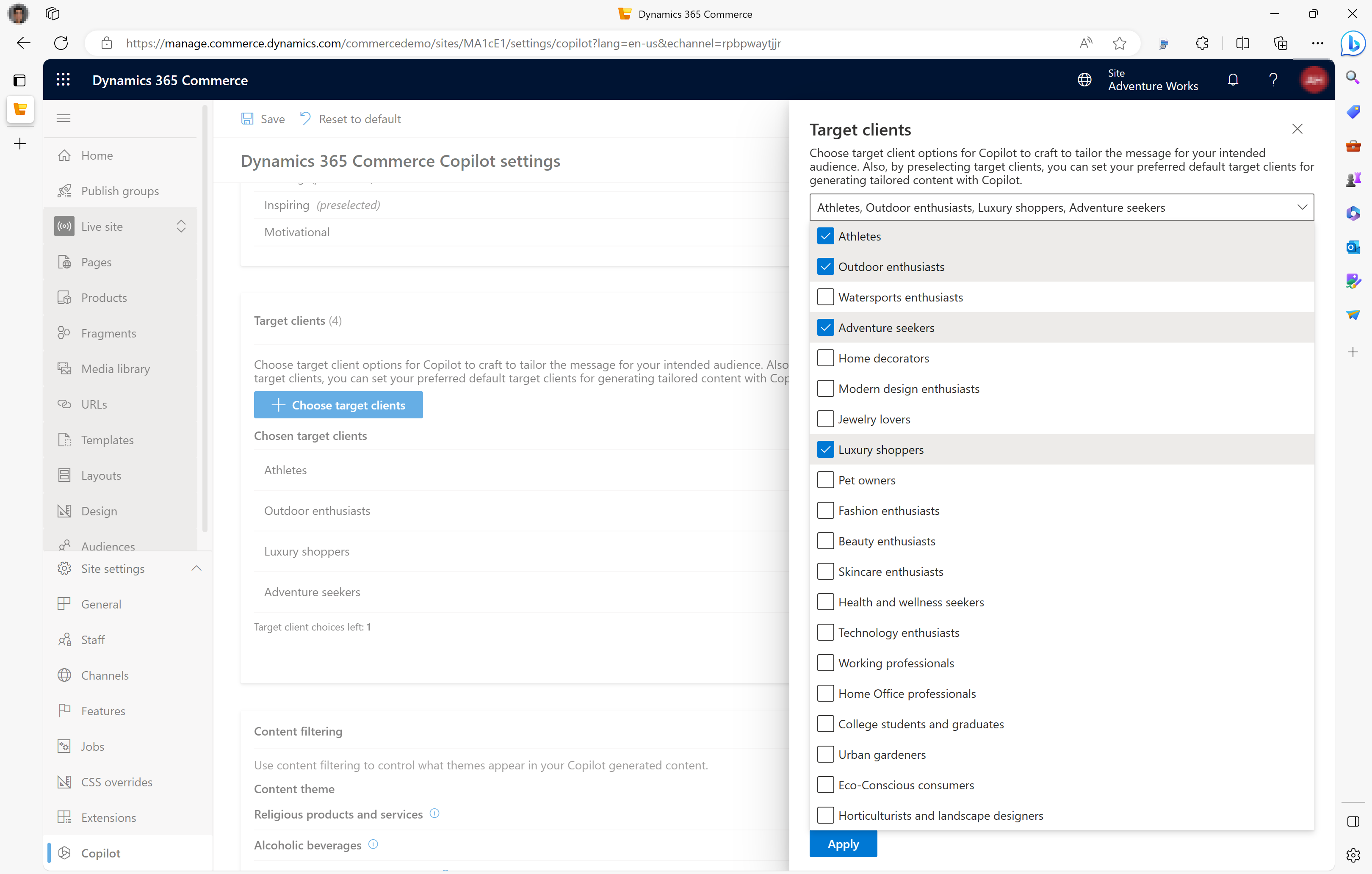 Screenshot of the Target clients flyout menu in site builder.