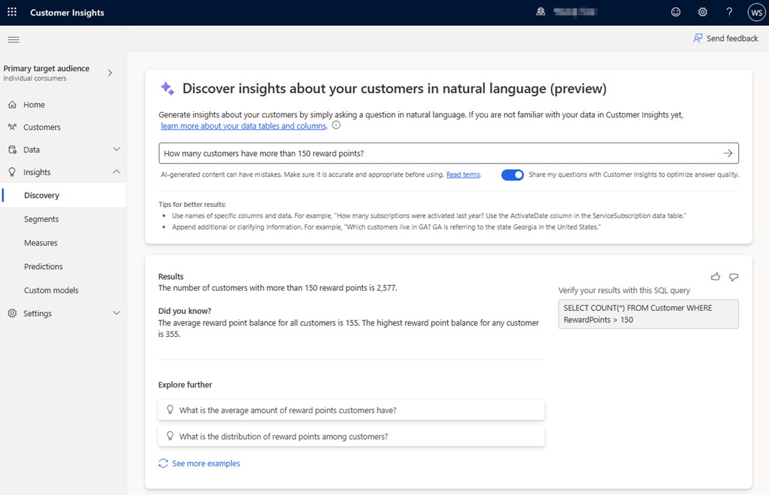 Screenshot of the dialog with data feature, with Copilot answering a user question.