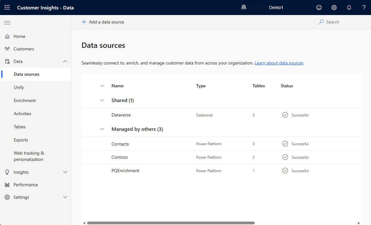 Screenshot of the Data sources page.