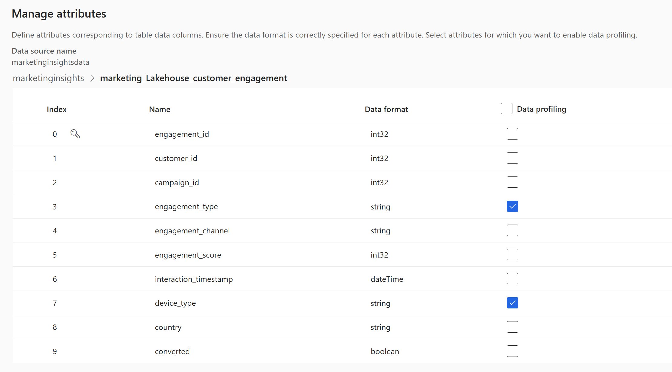 Screenshot of the Manage attributes page showing columns, data formats, and data profiling checkboxes.