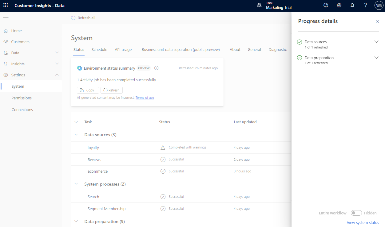 Screenshot of the Progress details pane showing the status of a data processing task.