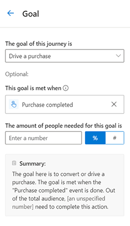 Screenshot of the Set the journey goal pane showing the Amount of people needed for this goal field set to 50 percent.