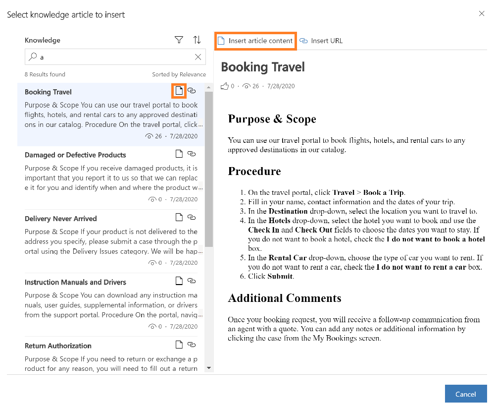 Insert an article into email by selecting either the Insert content icon from the search results or Insert article content from the preview pane Insert content into email.