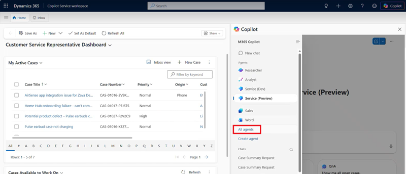 Copilot navigation panel showing Service selected under All agents