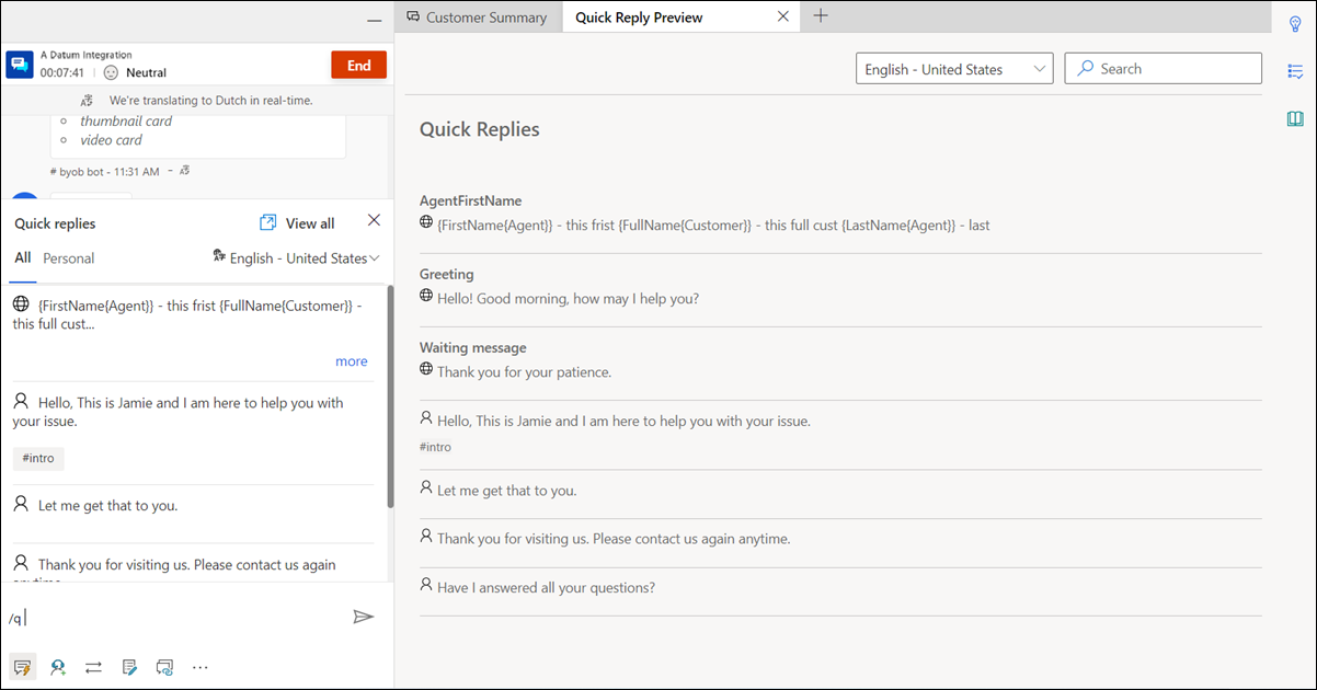 View all quick replies option that lets you access quick replies in the right pane.