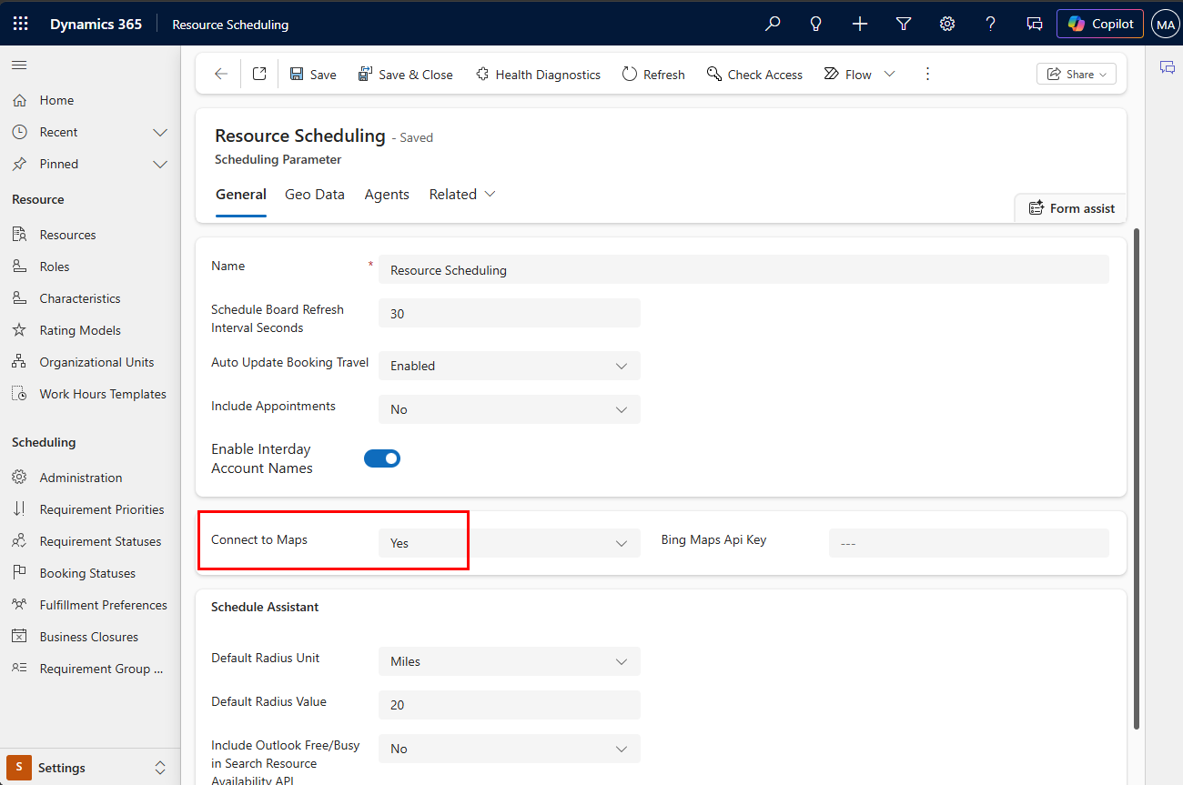 Screenshot of the Connect to Maps setting set to Yes in Scheduling Parameters.