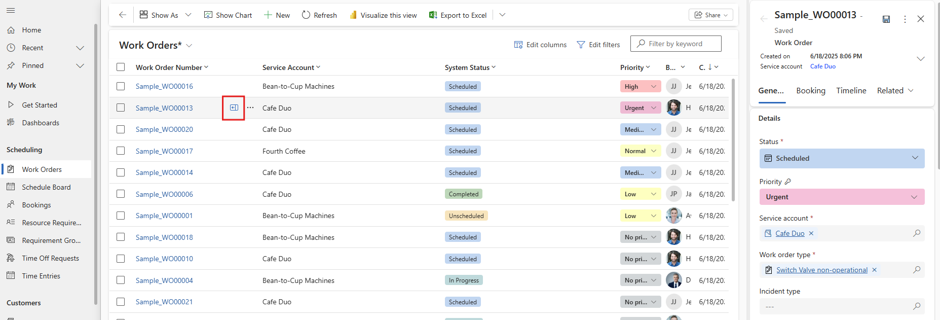 Screenshot of the Work Orders view, with the side pane icon highlighted in the item list and the side pane open.