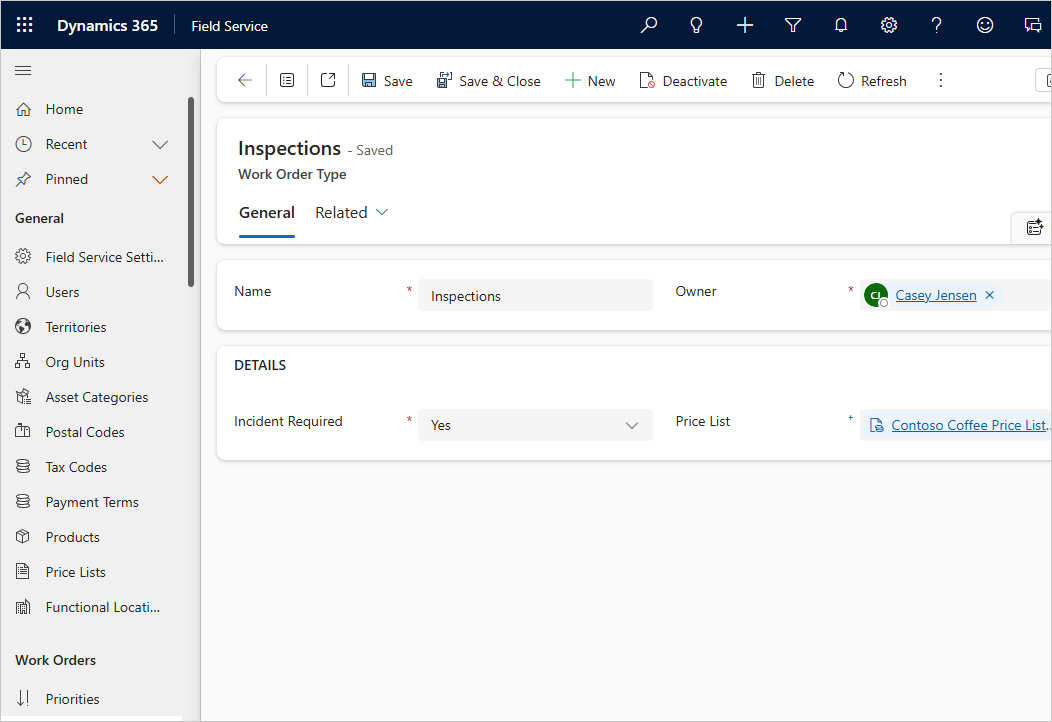 Screenshot of a new Work Order Type in Field Service.