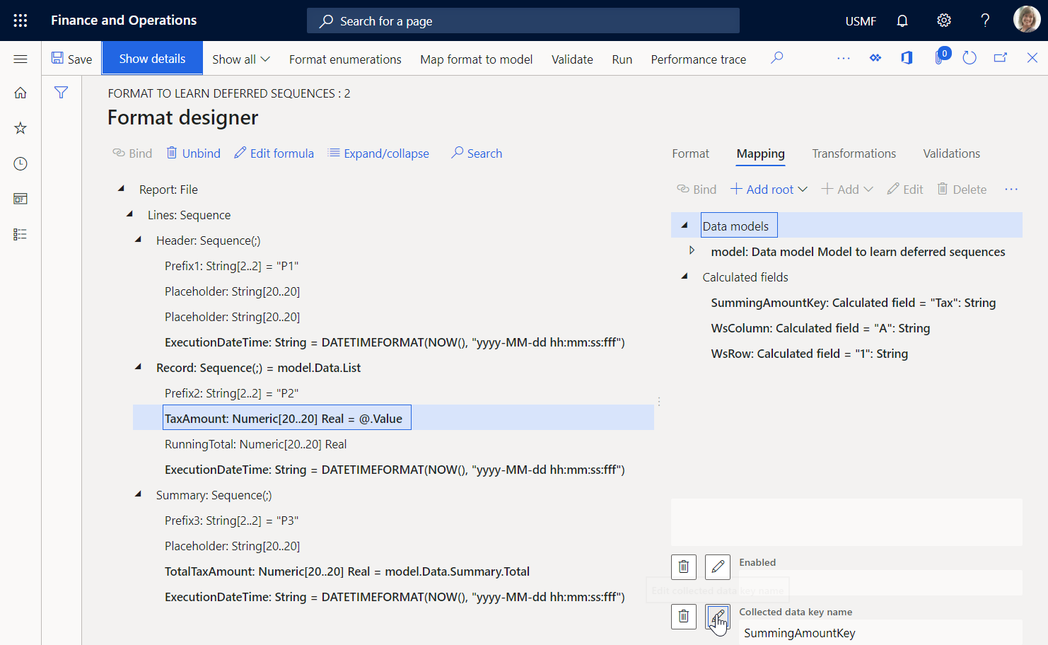 Screenshot of TaxAmount numeric element on the Format designer page.
