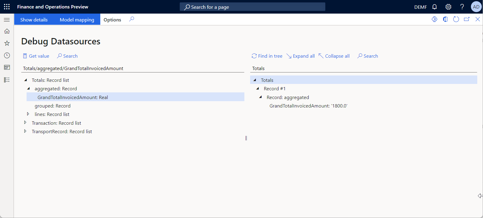 Screenshot of results of the Totals data source debugging on the Debug datasources page.