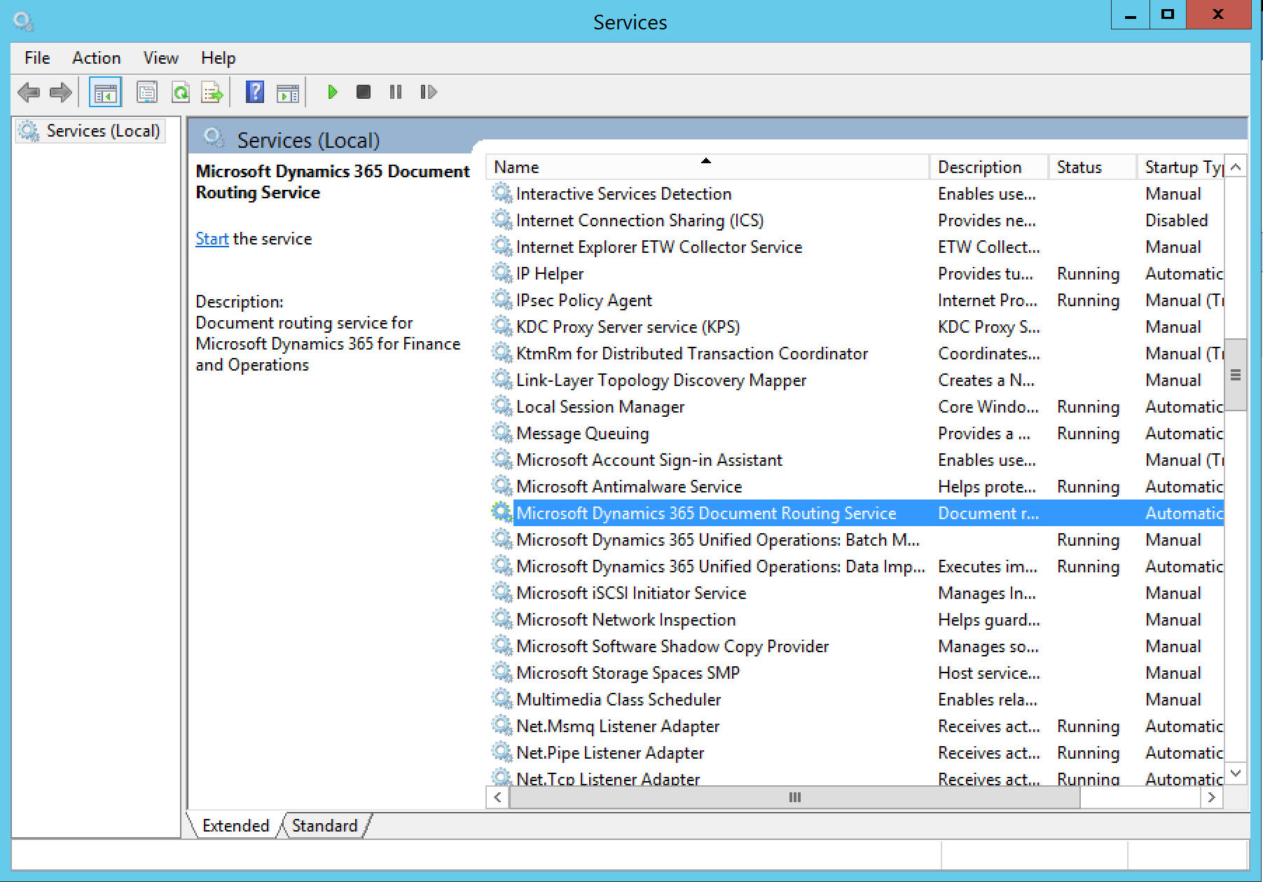 Screenshot of the Services snap-in showing Microsoft Dynamics 365 Document Routing Service in the list.
