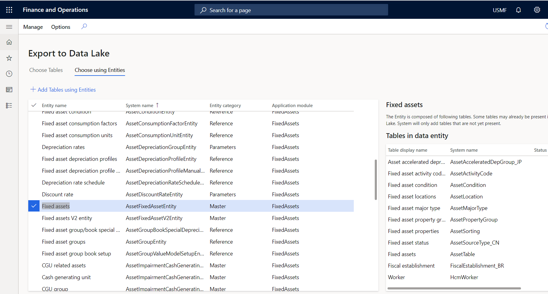Screenshot of selecting tables by using entities in the Export to Data Lake page.