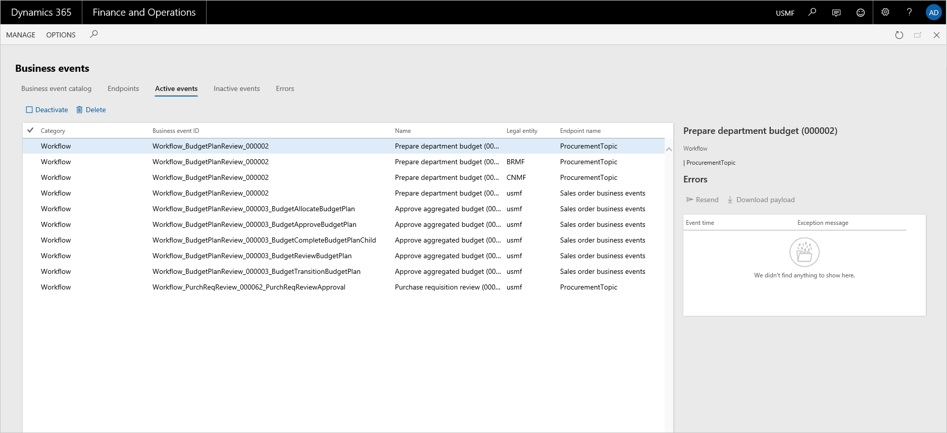 Screenshot of Active business events.