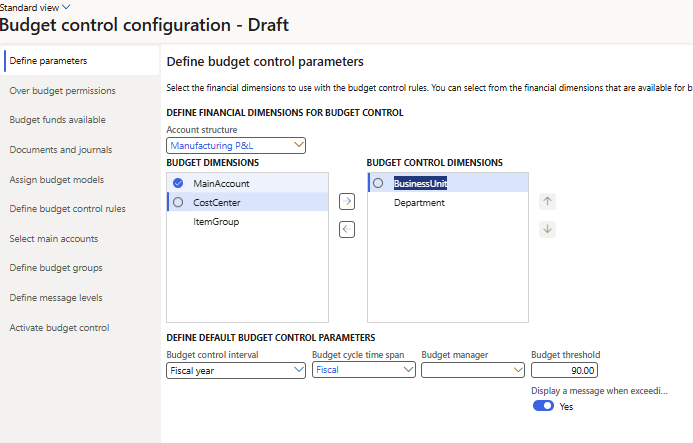 Screenshot of Define parameters.