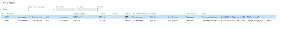 Screenshot of cost entries.