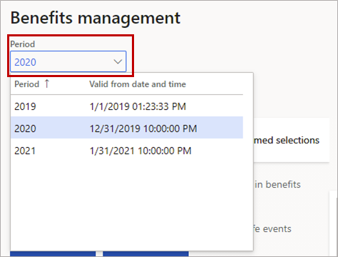 Screenshot of the Period drop-down list to change the benefits period.