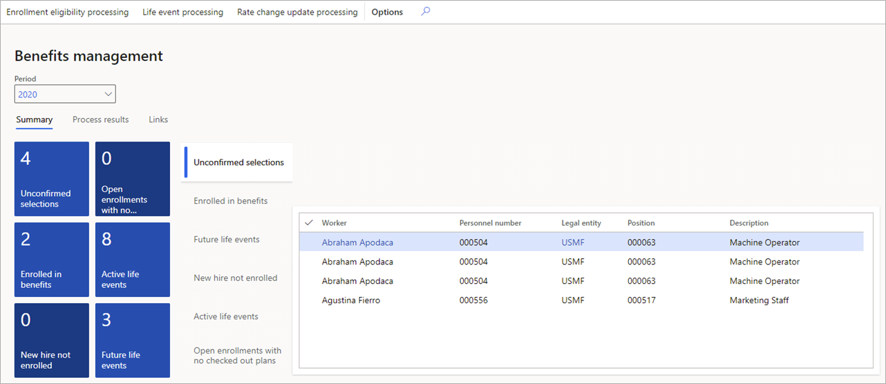 Screenshot of the Benefits management workspace.