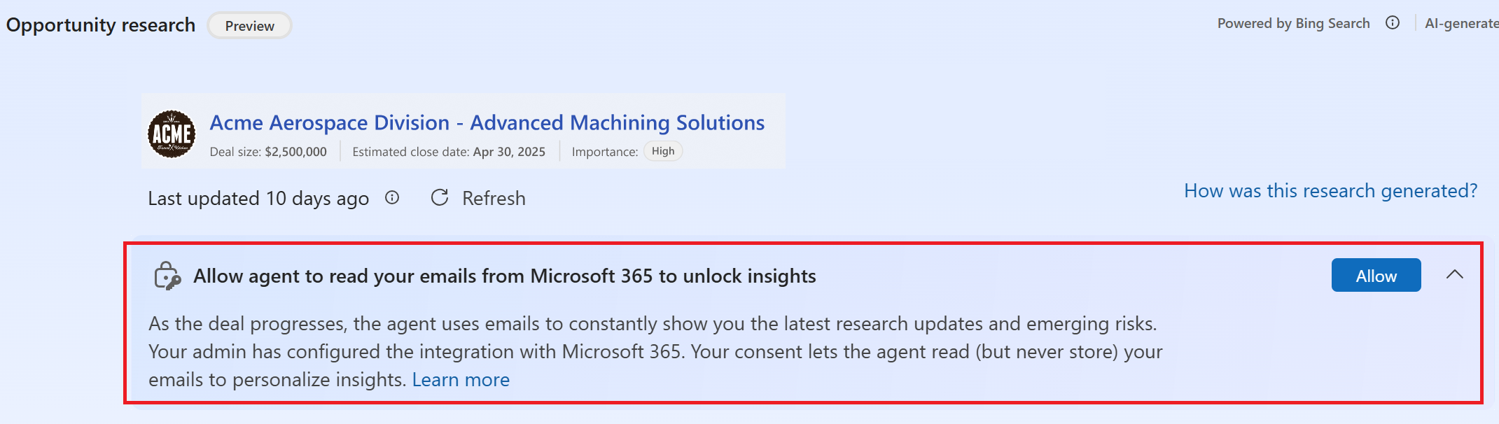 Screenshot of the Microsoft 365 Services consent prompt on the Opportunity research page for sellers.