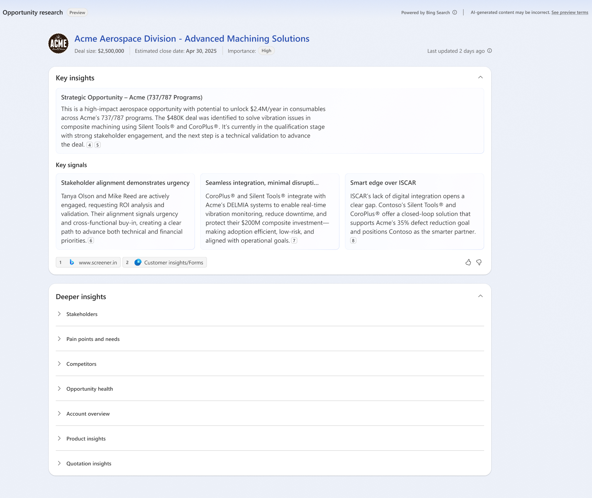 Screenshot of the Opportunity research page with research insights when there are no risks.