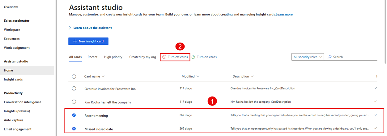 Screenshot showing the cards selected to turn off.