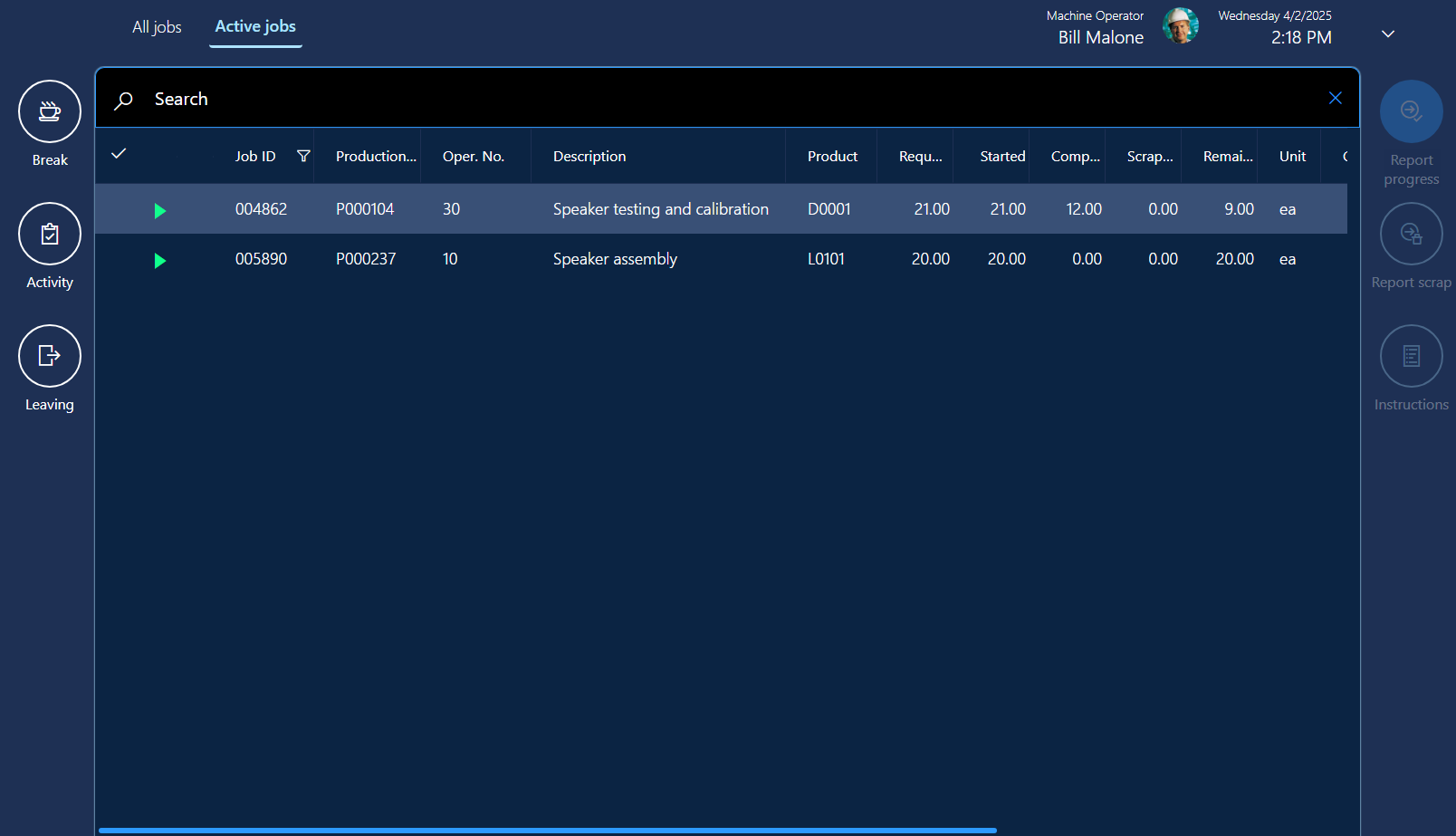 Screenshot of the Active jobs tab in the production floor execution interface.