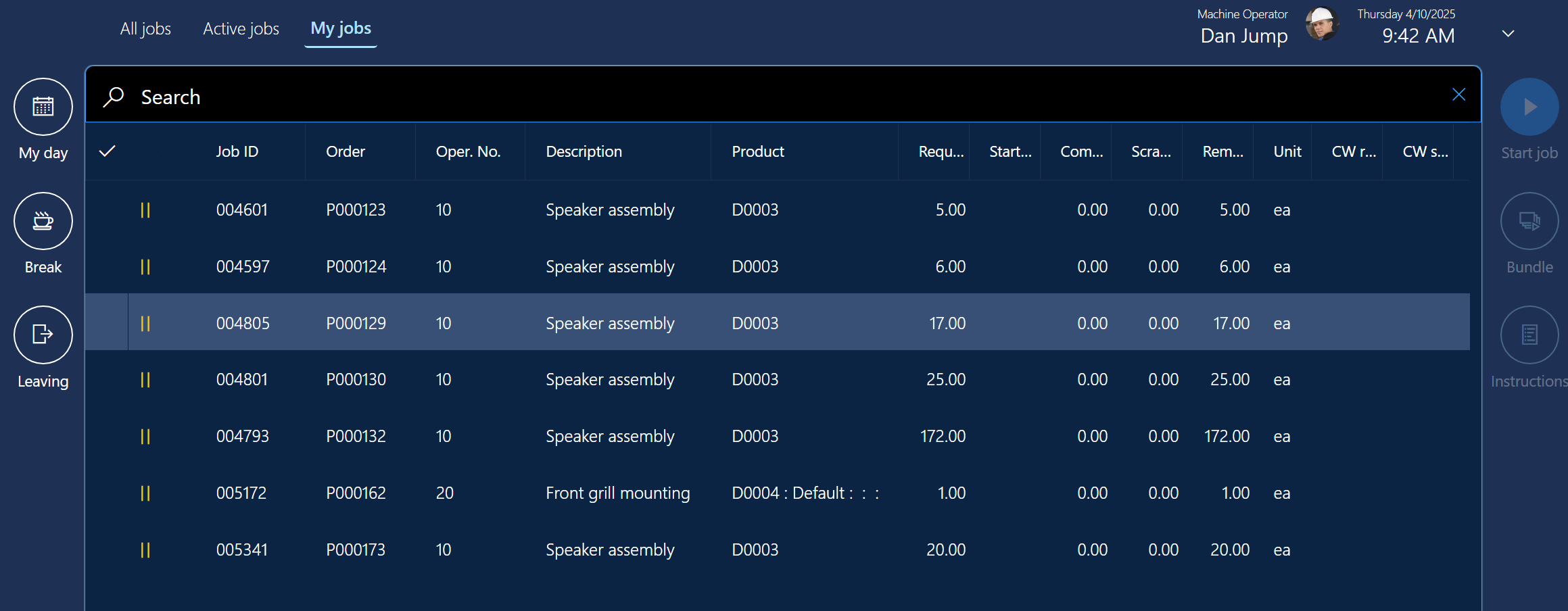 Screenshot of the My jobs tab in the production floor execution interface.