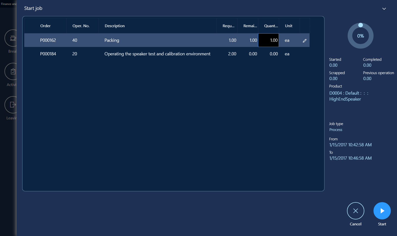 Screenshot of the Start job dialog box in the production floor execution interface.