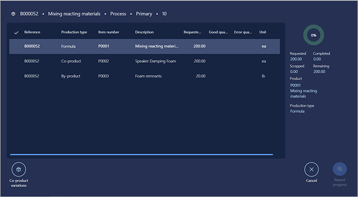 Screenshot of the dialog for reporting co-products and by-products.