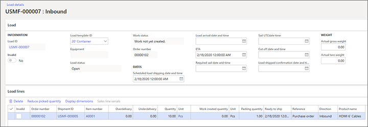 Screenshot of load details page showing load header and line information.