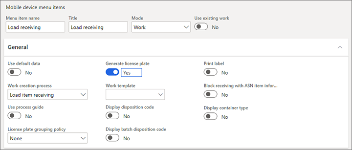 Screenshot of mobile device menu item settings.