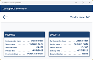 Screenshot of purchase receiving using PO lookup by vendor with results displayed.